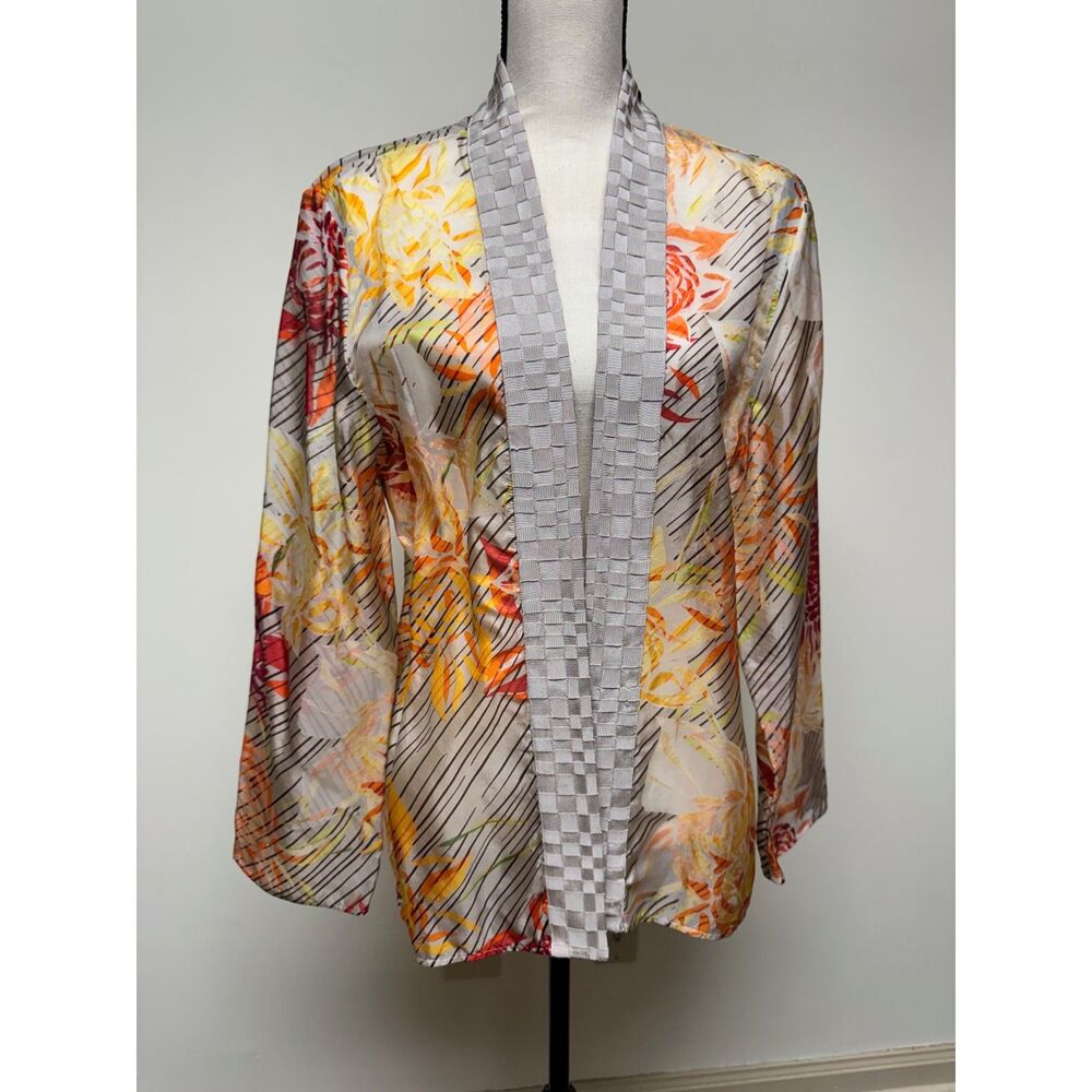 CHICO'S 100% Silk Basketweave Bloom Adila Floral Open Front Kimono, Sz 2 (L)